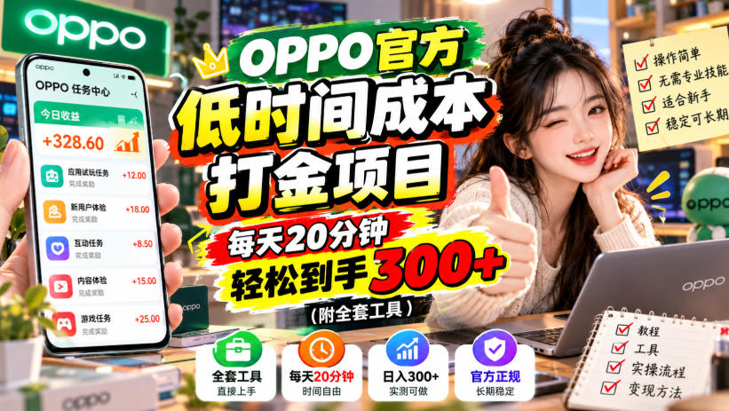 OPPO官方低时间成本打金项目，每天20分钟，轻松到手300+(附全套工具)【揭秘】-旺仔资源库