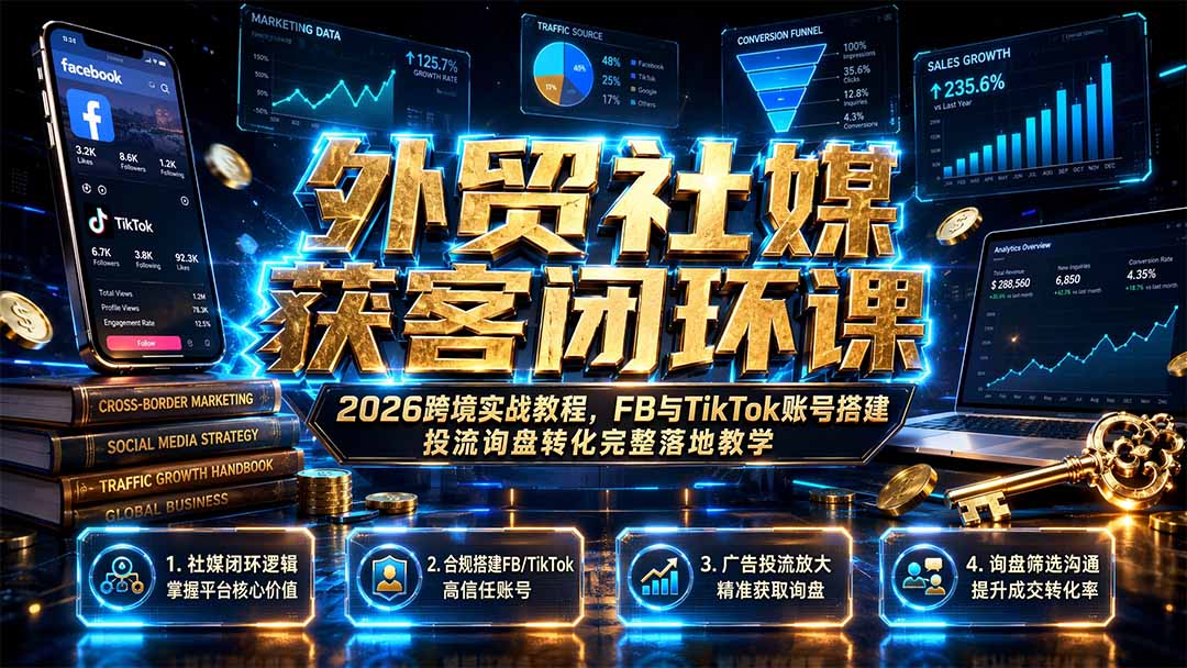 外贸社媒获客闭环课｜2026跨境实战教程，FB与TikTok账号搭建投流询盘转化完整落地教学-旺仔资源库