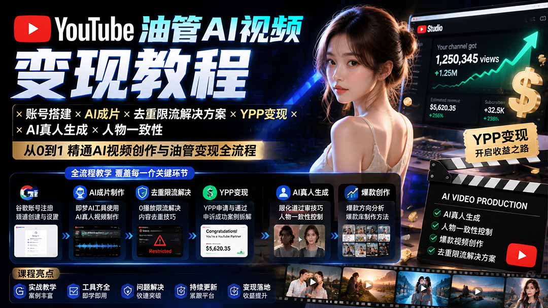 YouTube油管AI视频变现教程：账号搭建×AI成片×去重限流解决方案×YPP变现×AI真人生成×人物一致性-旺仔资源库
