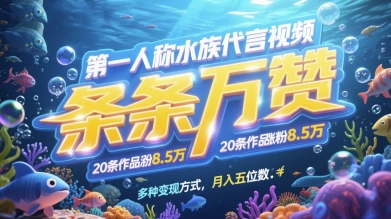 第一人称水族代言视频，条条万赞，20条作品涨粉7.8W，多种变现方式月入五位数-旺仔资源库